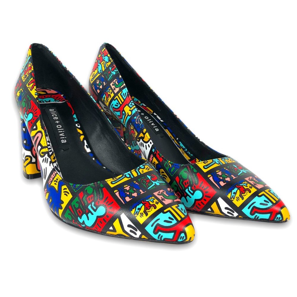 Alice + Olivia Shoes Keith Haring Collage Demetra Leather Block Heels Size 7.5M